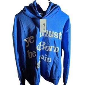 NAGRI Ye Must Be Born Again Blue Puff Print Hoodie Streetwear Mens Large NEW
